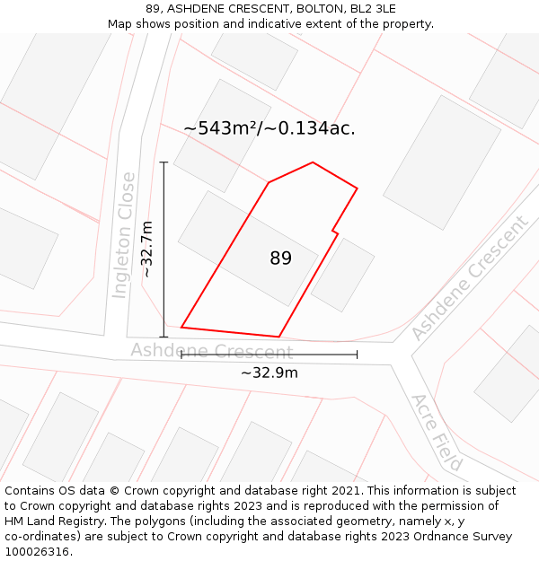 89, ASHDENE CRESCENT, BOLTON, BL2 3LE: Plot and title map