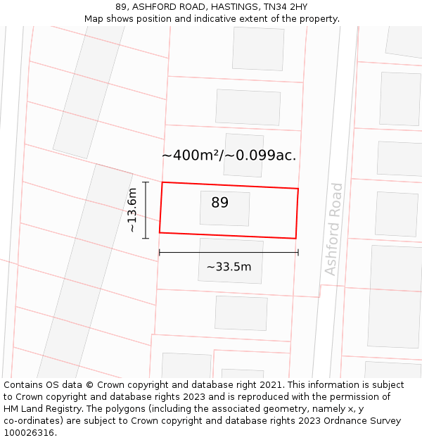 89, ASHFORD ROAD, HASTINGS, TN34 2HY: Plot and title map
