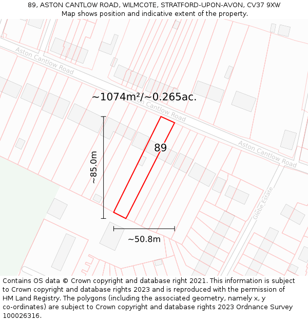 89, ASTON CANTLOW ROAD, WILMCOTE, STRATFORD-UPON-AVON, CV37 9XW: Plot and title map