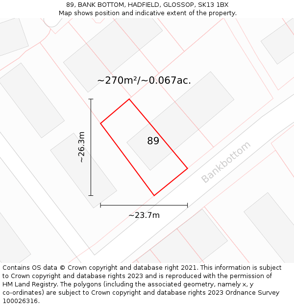 89, BANK BOTTOM, HADFIELD, GLOSSOP, SK13 1BX: Plot and title map