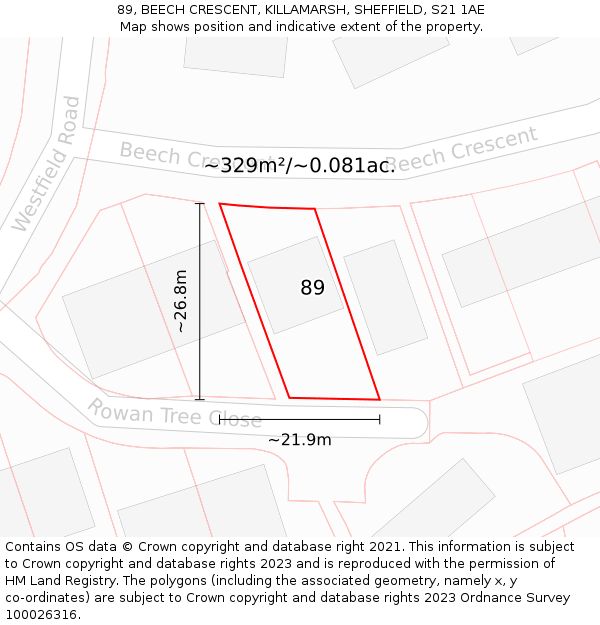 89, BEECH CRESCENT, KILLAMARSH, SHEFFIELD, S21 1AE: Plot and title map