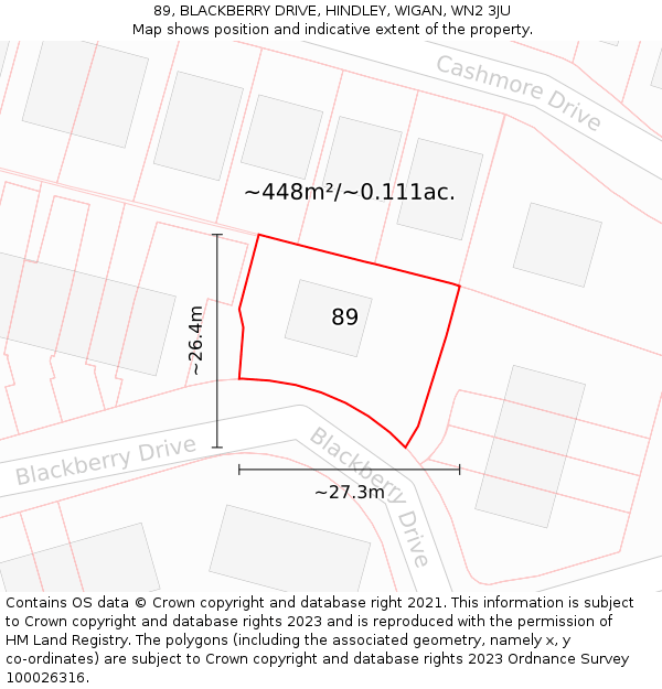 89, BLACKBERRY DRIVE, HINDLEY, WIGAN, WN2 3JU: Plot and title map