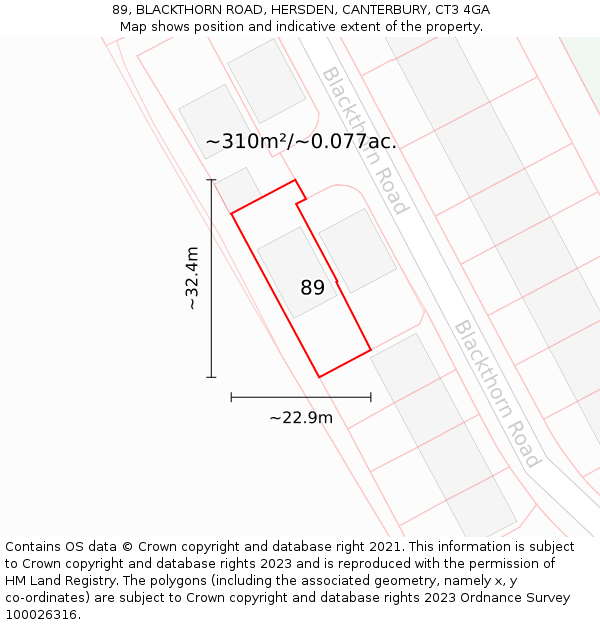 89, BLACKTHORN ROAD, HERSDEN, CANTERBURY, CT3 4GA: Plot and title map