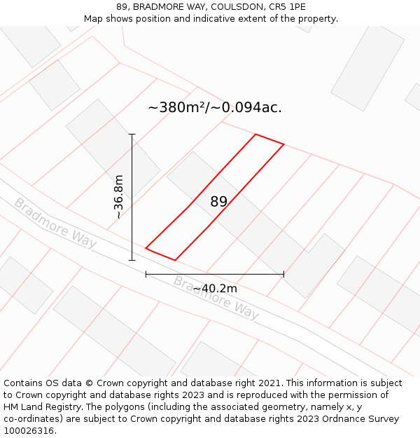 89, BRADMORE WAY, COULSDON, CR5 1PE: Plot and title map
