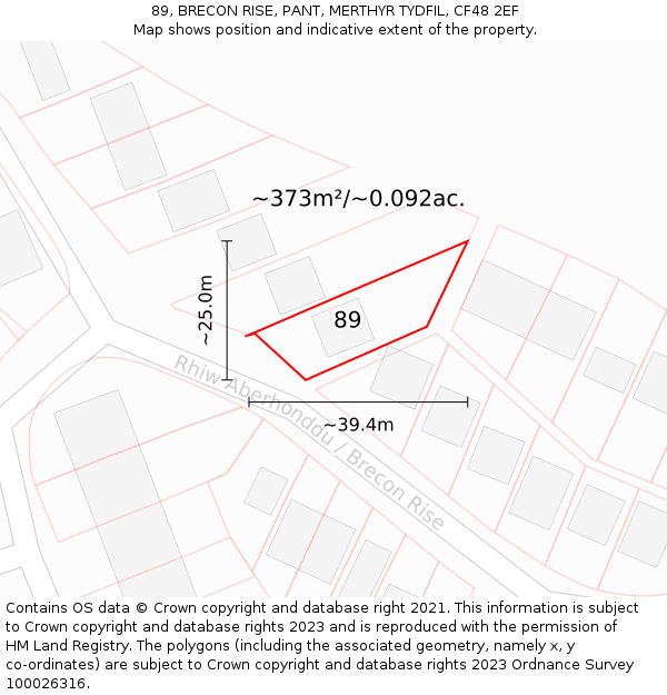 89, BRECON RISE, PANT, MERTHYR TYDFIL, CF48 2EF: Plot and title map