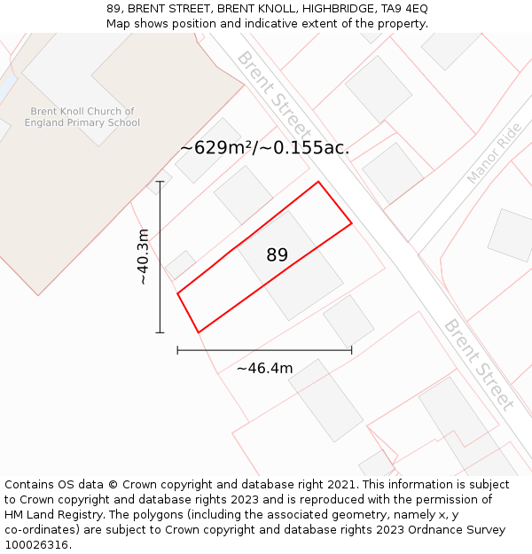 89, BRENT STREET, BRENT KNOLL, HIGHBRIDGE, TA9 4EQ: Plot and title map