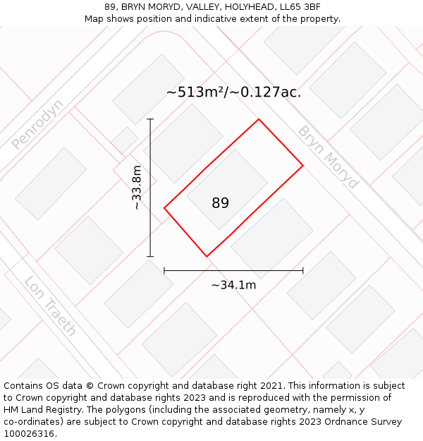 89, BRYN MORYD, VALLEY, HOLYHEAD, LL65 3BF: Plot and title map
