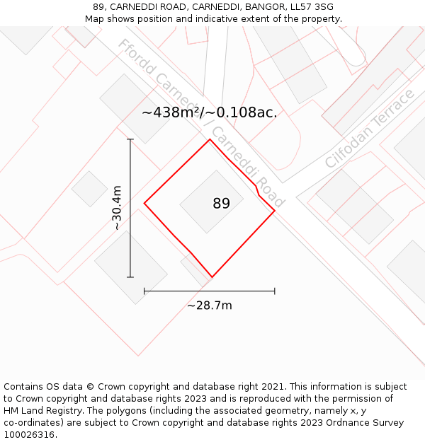 89, CARNEDDI ROAD, CARNEDDI, BANGOR, LL57 3SG: Plot and title map