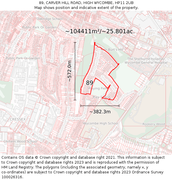 89, CARVER HILL ROAD, HIGH WYCOMBE, HP11 2UB: Plot and title map