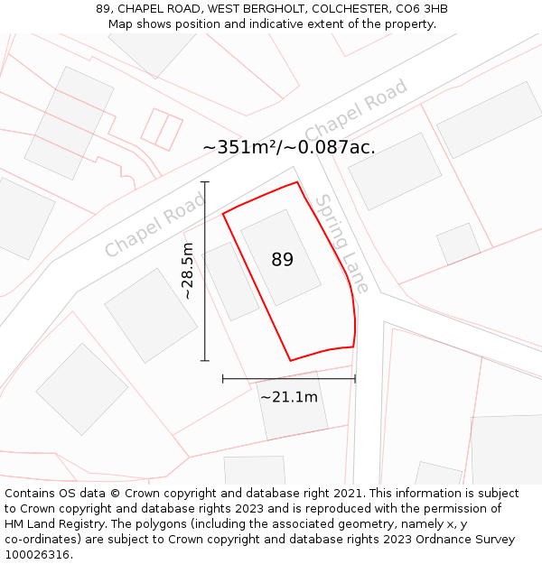 89, CHAPEL ROAD, WEST BERGHOLT, COLCHESTER, CO6 3HB: Plot and title map