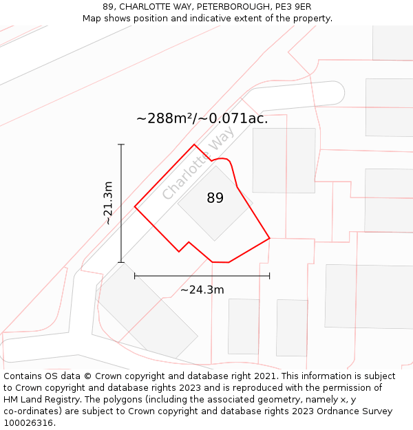 89, CHARLOTTE WAY, PETERBOROUGH, PE3 9ER: Plot and title map