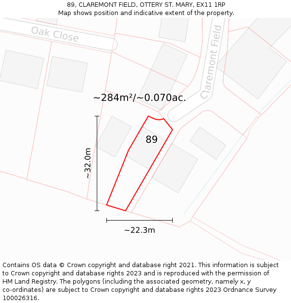 89, CLAREMONT FIELD, OTTERY ST. MARY, EX11 1RP: Plot and title map