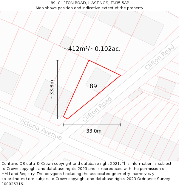 89, CLIFTON ROAD, HASTINGS, TN35 5AP: Plot and title map