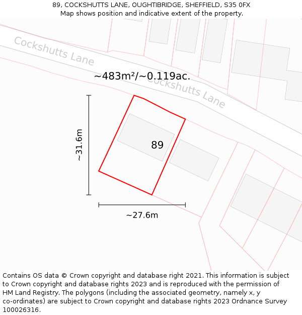 89, COCKSHUTTS LANE, OUGHTIBRIDGE, SHEFFIELD, S35 0FX: Plot and title map