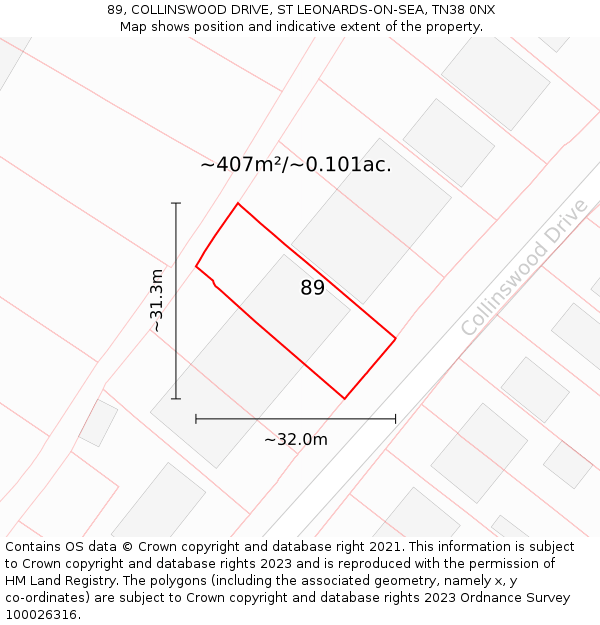 89, COLLINSWOOD DRIVE, ST LEONARDS-ON-SEA, TN38 0NX: Plot and title map