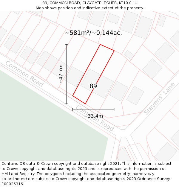 89, COMMON ROAD, CLAYGATE, ESHER, KT10 0HU: Plot and title map