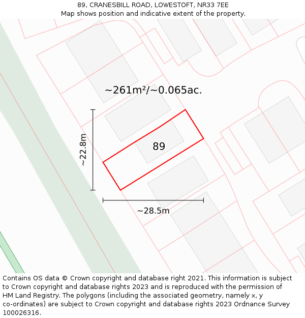 89, CRANESBILL ROAD, LOWESTOFT, NR33 7EE: Plot and title map