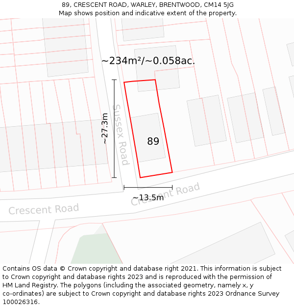 89, CRESCENT ROAD, WARLEY, BRENTWOOD, CM14 5JG: Plot and title map