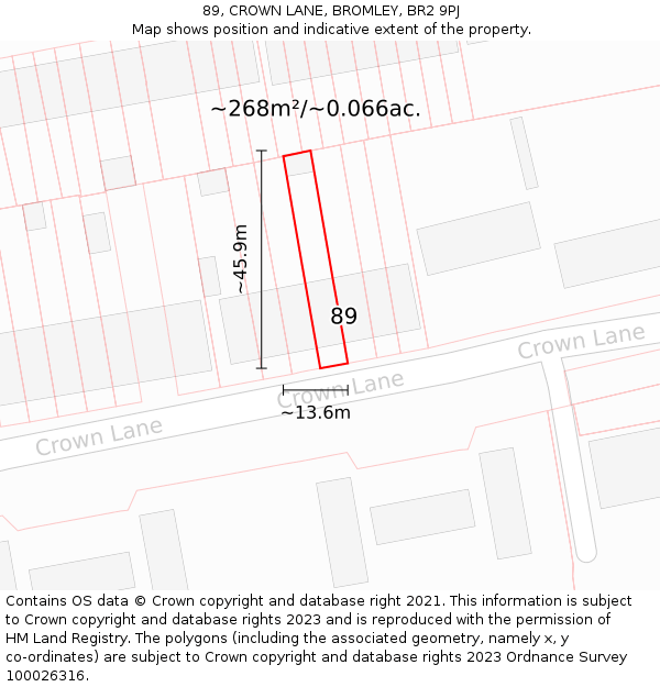 89, CROWN LANE, BROMLEY, BR2 9PJ: Plot and title map