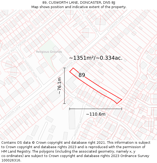 89, CUSWORTH LANE, DONCASTER, DN5 8JJ: Plot and title map