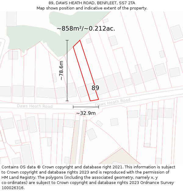 89, DAWS HEATH ROAD, BENFLEET, SS7 2TA: Plot and title map
