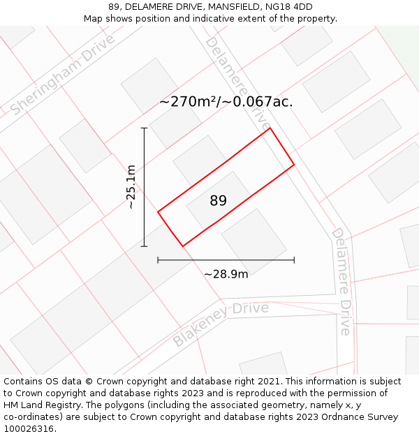 89, DELAMERE DRIVE, MANSFIELD, NG18 4DD: Plot and title map