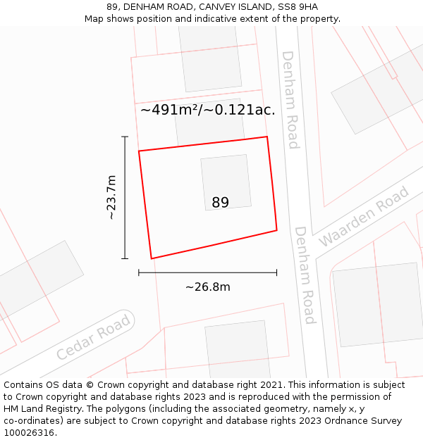 89, DENHAM ROAD, CANVEY ISLAND, SS8 9HA: Plot and title map