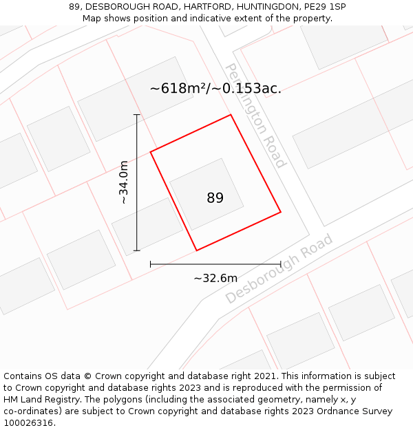 89, DESBOROUGH ROAD, HARTFORD, HUNTINGDON, PE29 1SP: Plot and title map