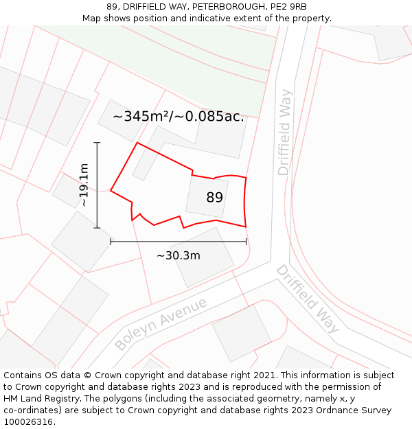 89, DRIFFIELD WAY, PETERBOROUGH, PE2 9RB: Plot and title map