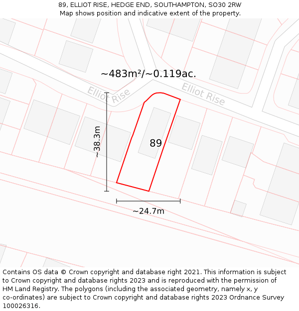 89, ELLIOT RISE, HEDGE END, SOUTHAMPTON, SO30 2RW: Plot and title map