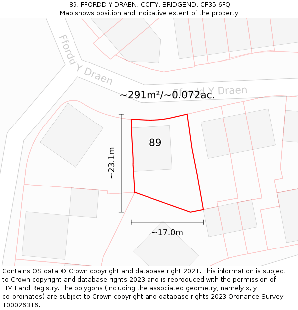 89, FFORDD Y DRAEN, COITY, BRIDGEND, CF35 6FQ: Plot and title map