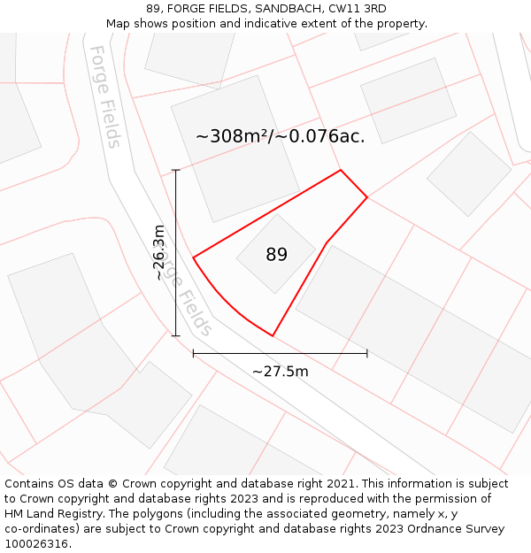 89, FORGE FIELDS, SANDBACH, CW11 3RD: Plot and title map