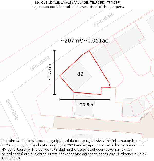 89, GLENDALE, LAWLEY VILLAGE, TELFORD, TF4 2BF: Plot and title map
