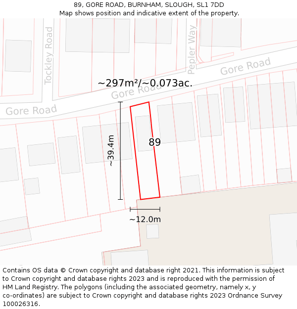 89, GORE ROAD, BURNHAM, SLOUGH, SL1 7DD: Plot and title map