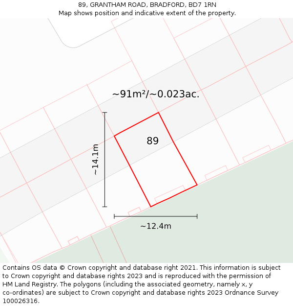 89, GRANTHAM ROAD, BRADFORD, BD7 1RN: Plot and title map
