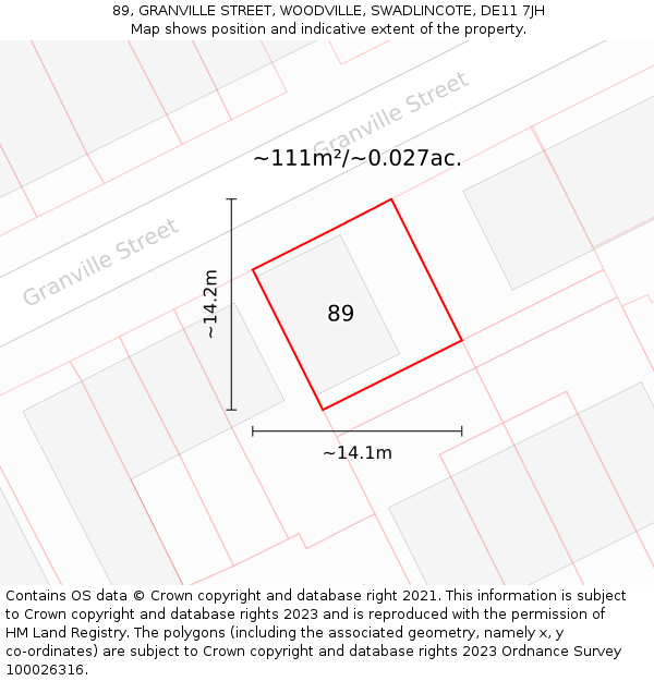 89, GRANVILLE STREET, WOODVILLE, SWADLINCOTE, DE11 7JH: Plot and title map