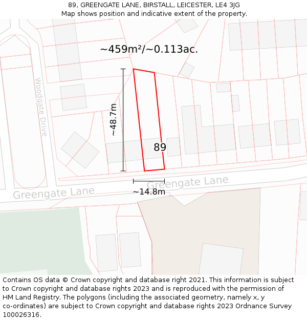 89, GREENGATE LANE, BIRSTALL, LEICESTER, LE4 3JG: Plot and title map