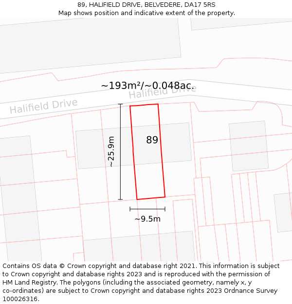 89, HALIFIELD DRIVE, BELVEDERE, DA17 5RS: Plot and title map