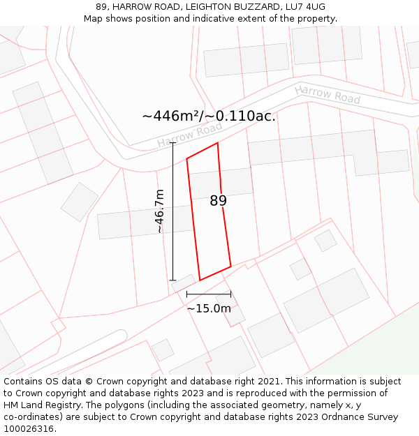 89, HARROW ROAD, LEIGHTON BUZZARD, LU7 4UG: Plot and title map