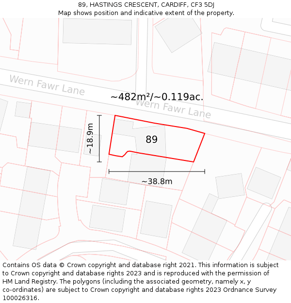 89, HASTINGS CRESCENT, CARDIFF, CF3 5DJ: Plot and title map