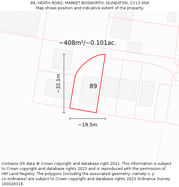89, HEATH ROAD, MARKET BOSWORTH, NUNEATON, CV13 0NX: Plot and title map
