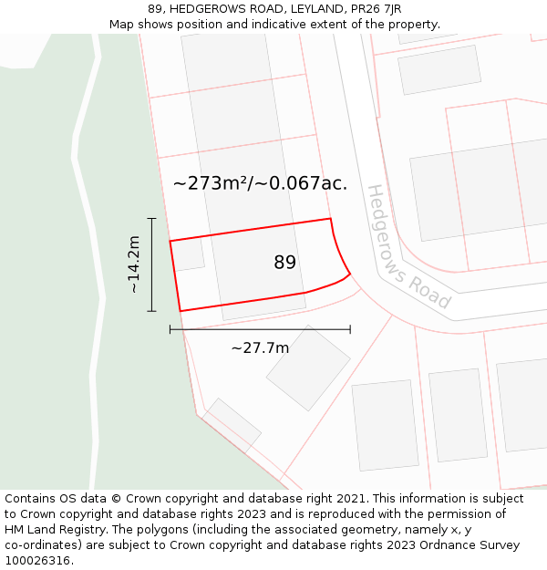 89, HEDGEROWS ROAD, LEYLAND, PR26 7JR: Plot and title map
