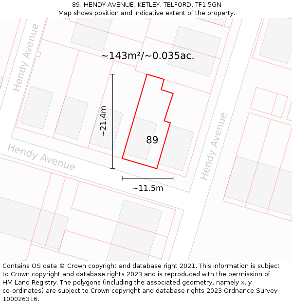 89, HENDY AVENUE, KETLEY, TELFORD, TF1 5GN: Plot and title map