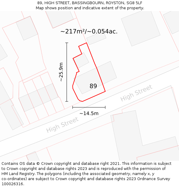 89, HIGH STREET, BASSINGBOURN, ROYSTON, SG8 5LF: Plot and title map