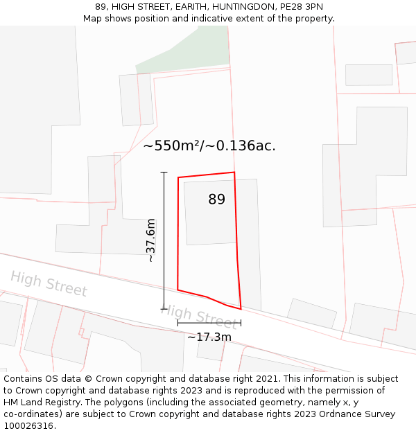 89, HIGH STREET, EARITH, HUNTINGDON, PE28 3PN: Plot and title map