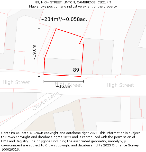 89, HIGH STREET, LINTON, CAMBRIDGE, CB21 4JT: Plot and title map