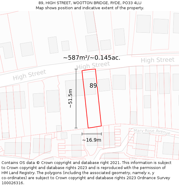 89, HIGH STREET, WOOTTON BRIDGE, RYDE, PO33 4LU: Plot and title map