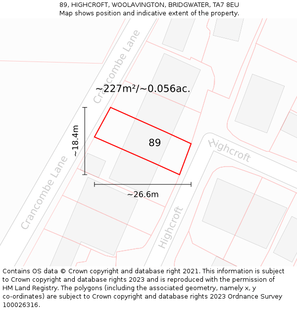89, HIGHCROFT, WOOLAVINGTON, BRIDGWATER, TA7 8EU: Plot and title map