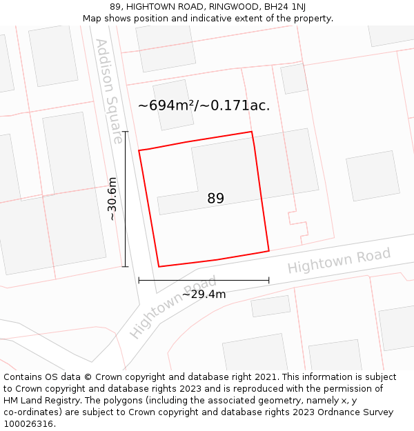 89, HIGHTOWN ROAD, RINGWOOD, BH24 1NJ: Plot and title map