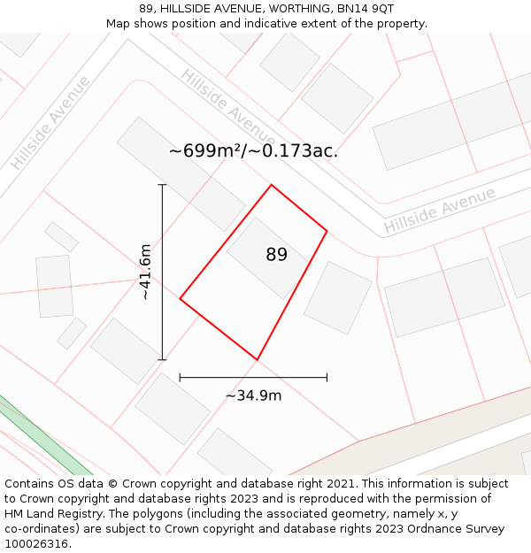 89, HILLSIDE AVENUE, WORTHING, BN14 9QT: Plot and title map